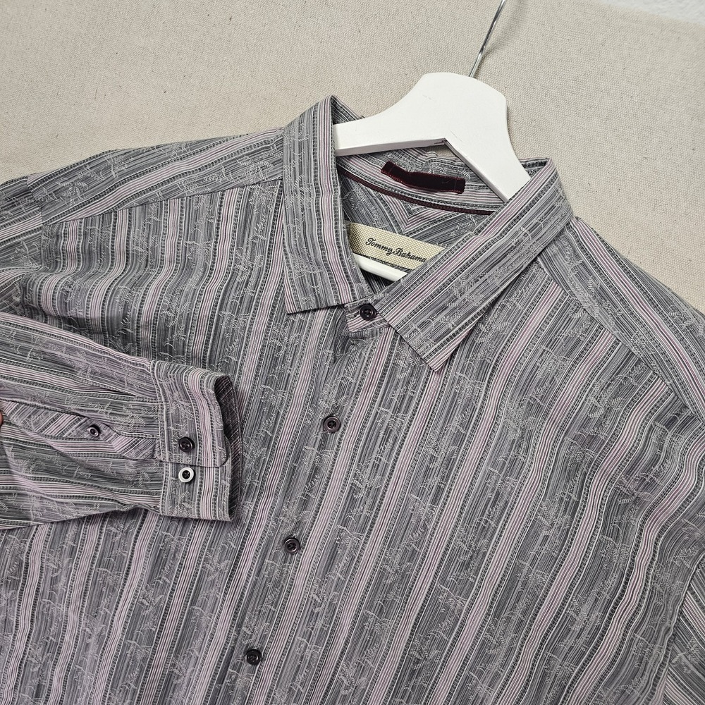 Tommy Bahama Men's XXL Gray Striped Cotton Silk Blend Floral Jacquard Button Up